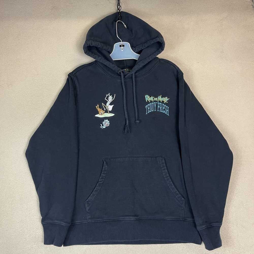 Teddy Fresh Rick and Morty Hoodie Mens XS Black Embroidered Pullover Sweatshirt‎
